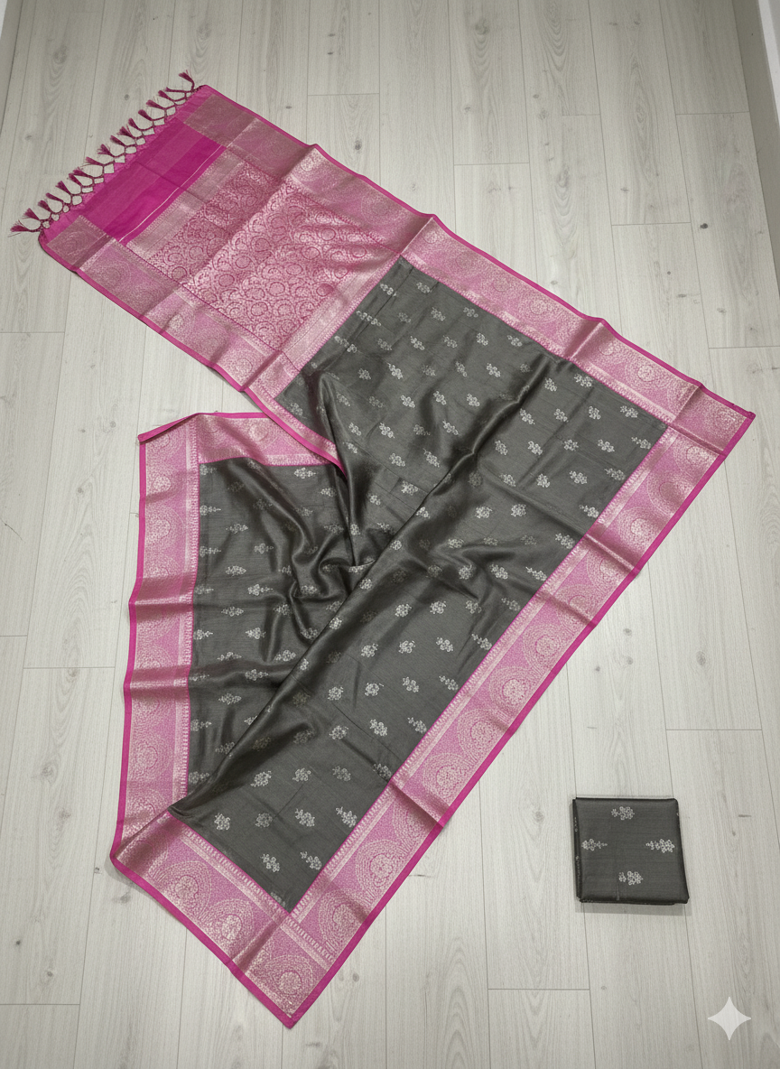 Charcoal Grey Kanjivaram Silk Saree with Vibrant Rani Pink Contrast