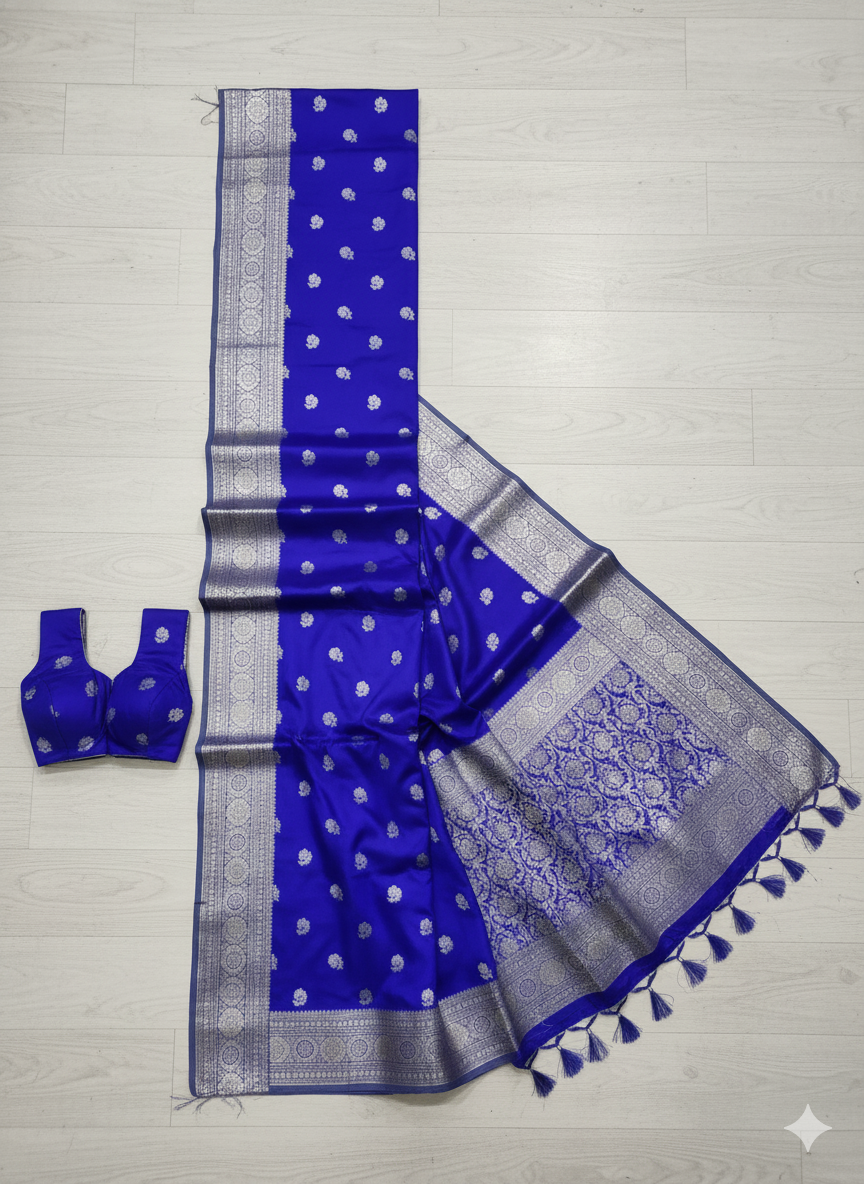 Vibrant Royal Blue Silk Saree with Elegant Antique Silver Zari Work