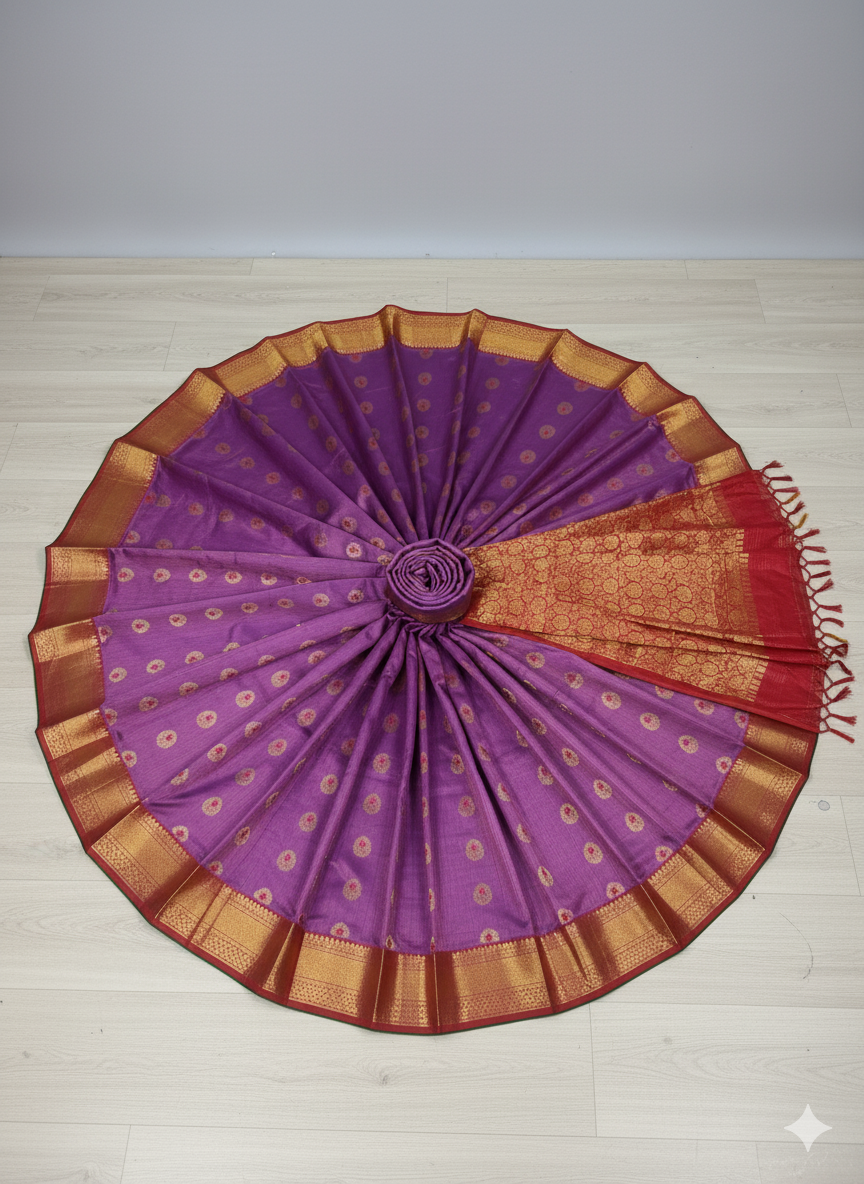 Majestic Lavender-Purple Saree with Contrast Red Pallu and Grand Gold Zari