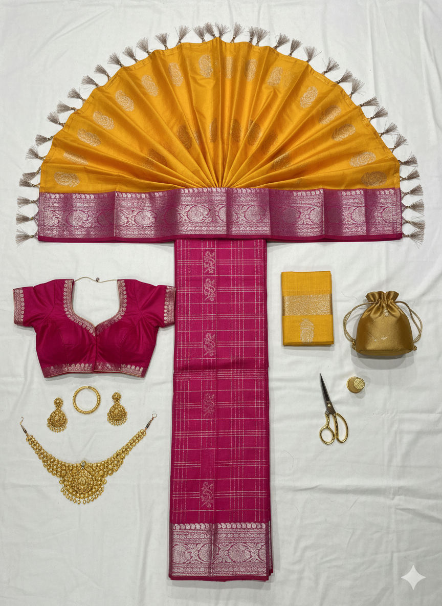 Vibrant Dark Pink Silk Saree with Checkered Pattern and Yellow/Gold Contrast