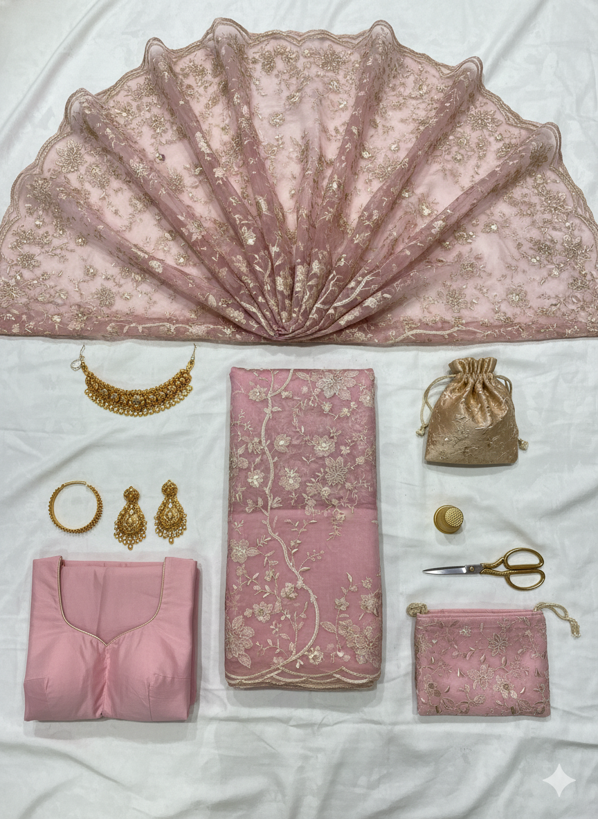 Ethereal Blush Pink Net Saree with Exquisite Gold Thread Embroidery