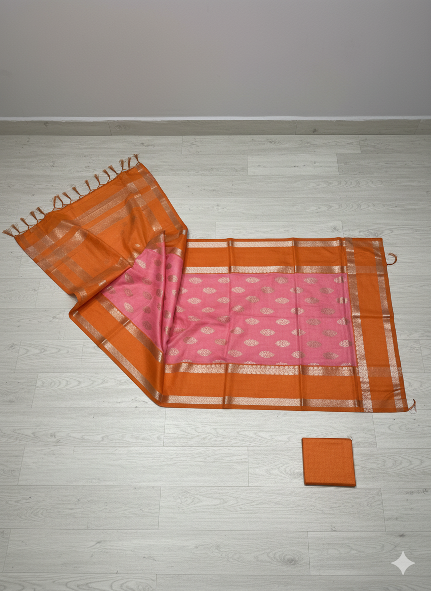 Charming Peach-Pink Saree with Vibrant Orange Contrast and Gold Zari