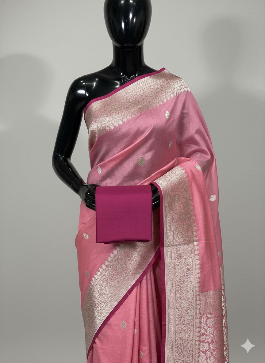 Ethereal Pastel Pink Silk Saree with Elegant Silver Zari and Magenta Contrast
