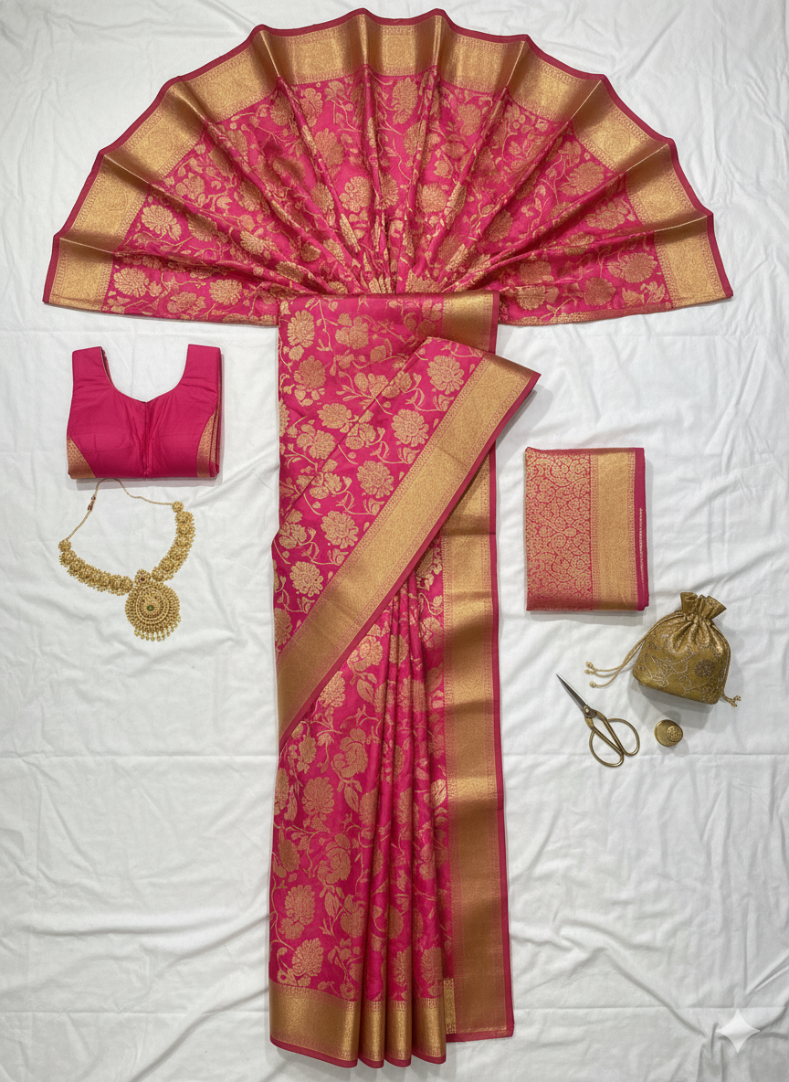 Luxurious Rani Pink Silk Saree with All-Over Gold Zari Floral Weave