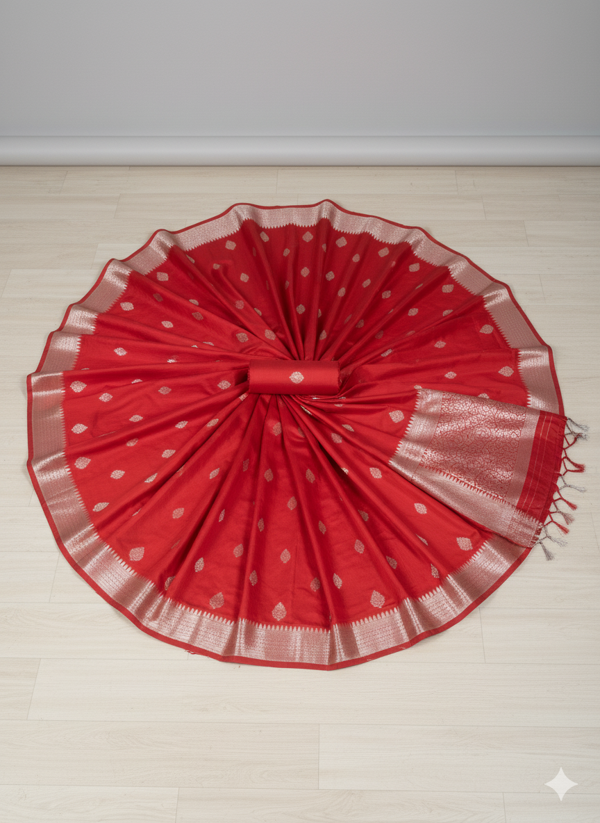 Classic Vermilion Red Silk Saree with Elegant Silver Zari Work