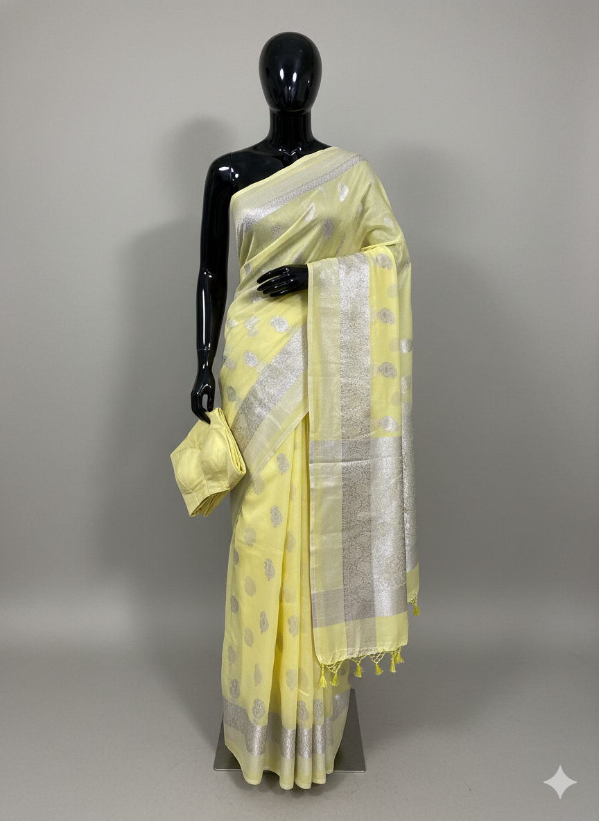 Soft Lemon Yellow Silk Saree with Grand Silver Zari Weaving