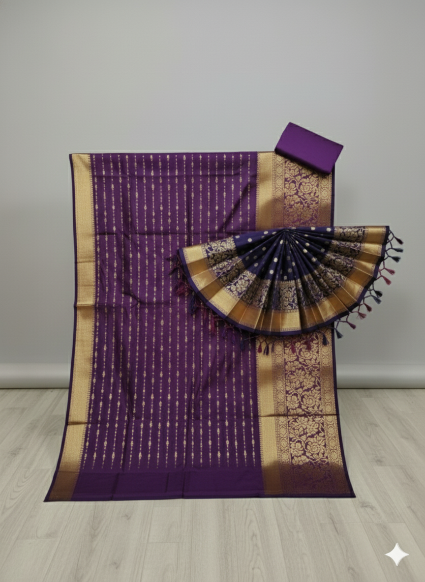 Regal Deep Purple Silk Saree with Grand Gold Zari Stripes & Floral Border