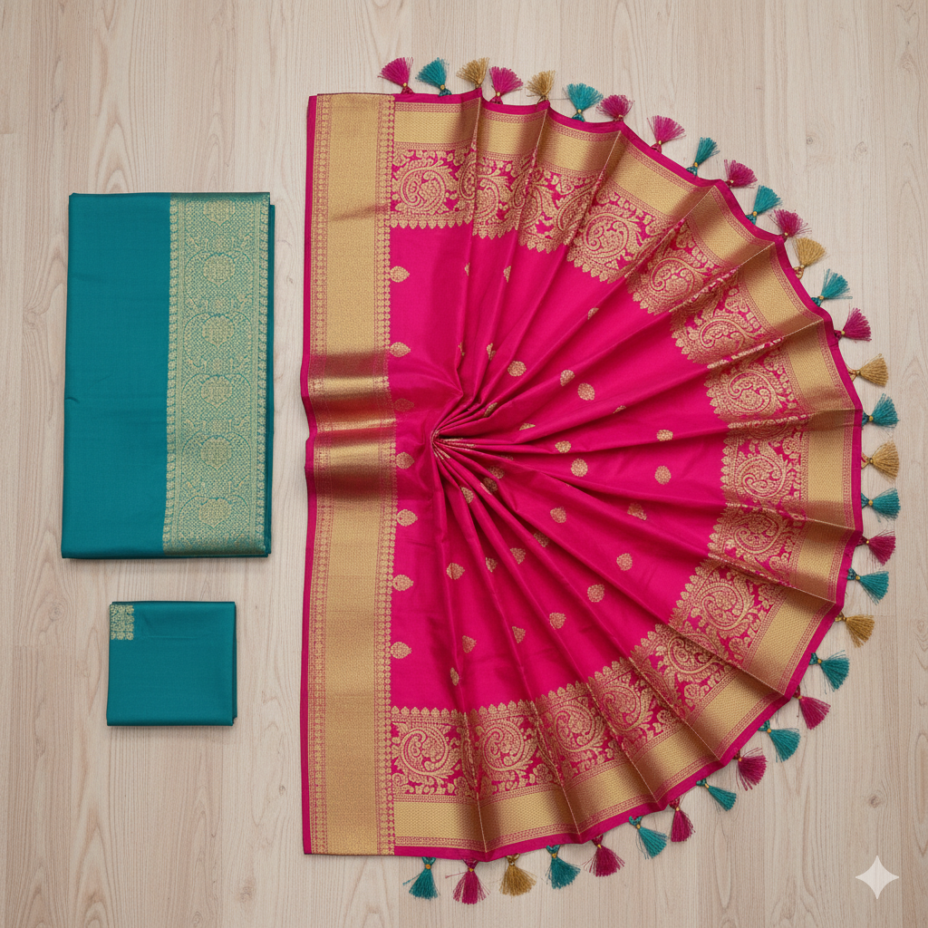 Captivating Pink & Teal Blue Silk Saree