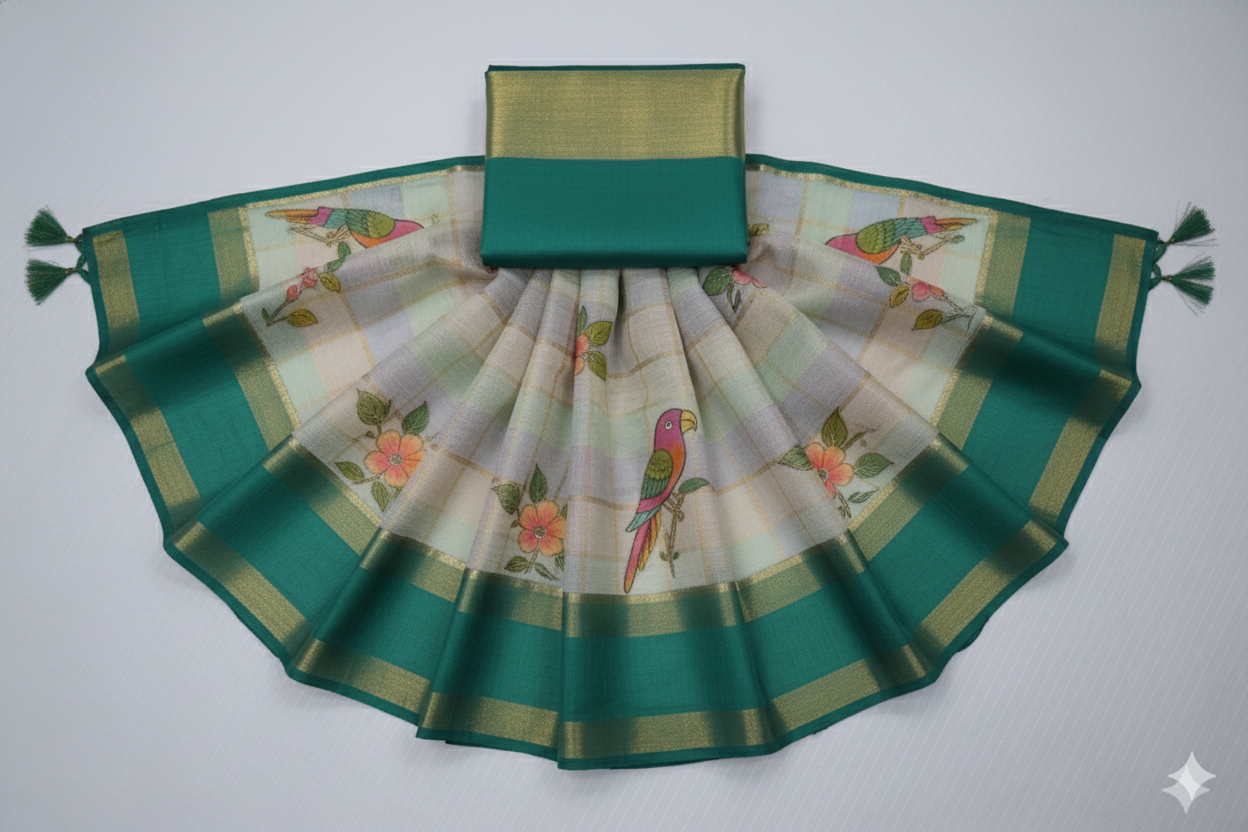 Charming Cream & Green Hand-Painted Saree