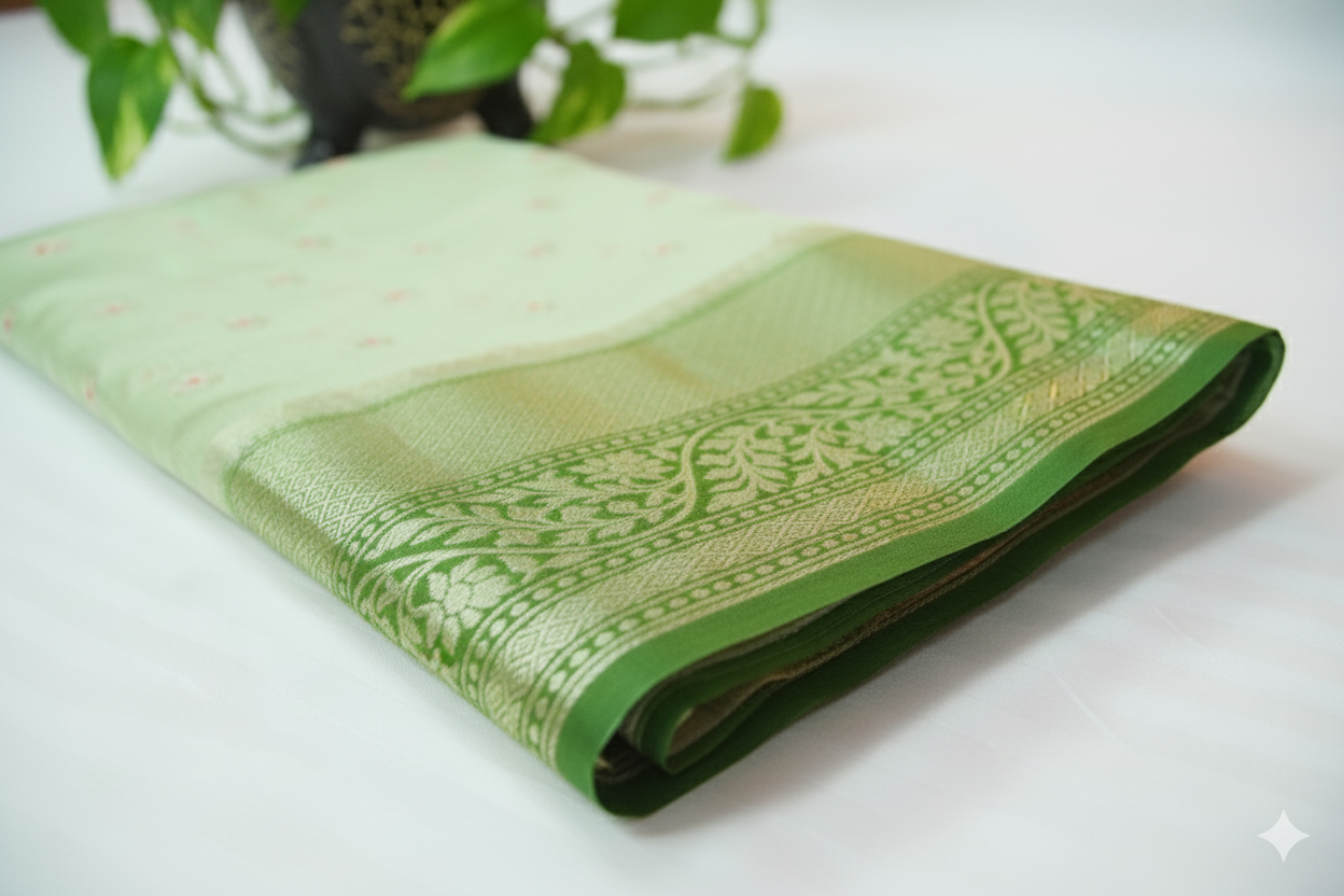 Pastel Green Handloom Silk Saree with Green Zari Border & Pallu