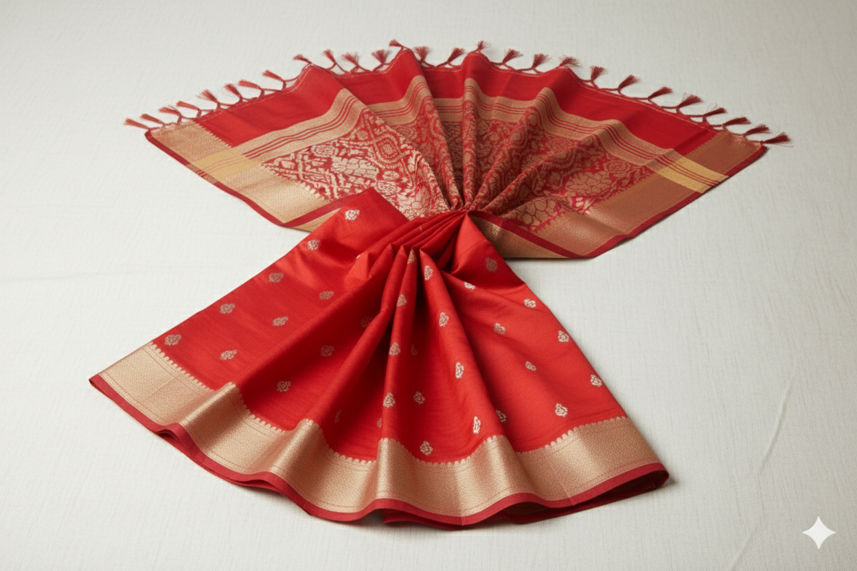 Classic Red Handloom Silk Saree with Golden Zari Border & Pallu