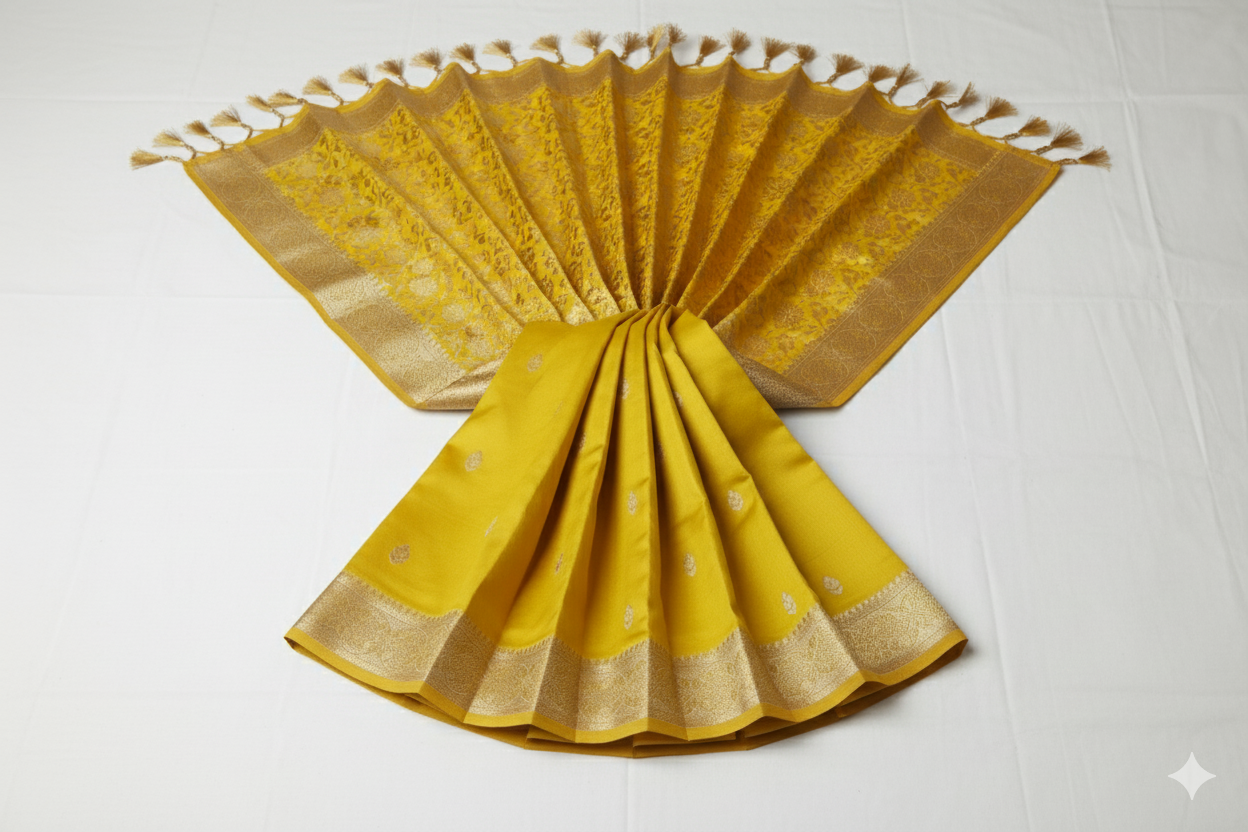 Golden Yellow Handloom Silk Saree with Broad Zari Border & Pallu