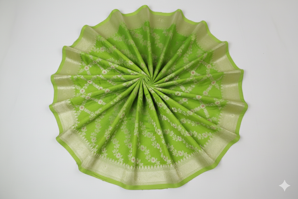 Vibrant Lime Green Silk Saree with Geometric Gold Zari Grid