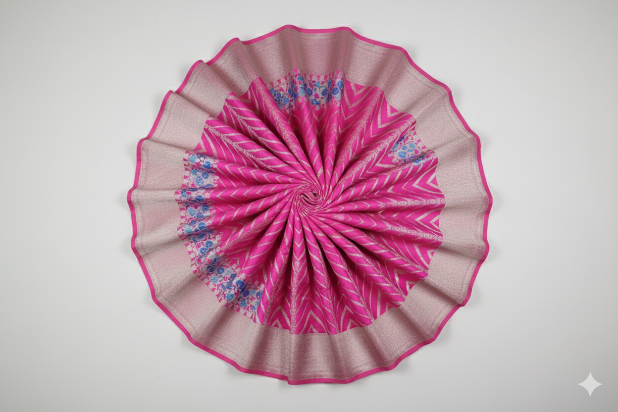 Dazzling Hot Pink Silk Saree with Modern Silver Chevron Weave