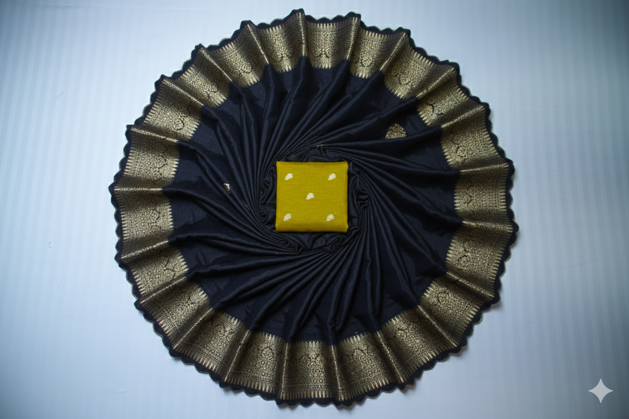 Black Kanjivaram Silk Saree with Rich Golden Zari Border & Mustard Blouse Piece