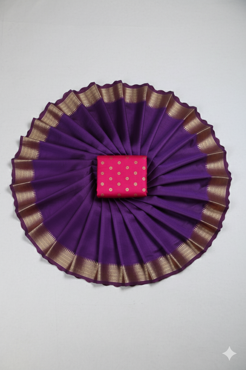 Royal Purple Kanjivaram Silk Saree with Golden Zari Border & Pink Contrast