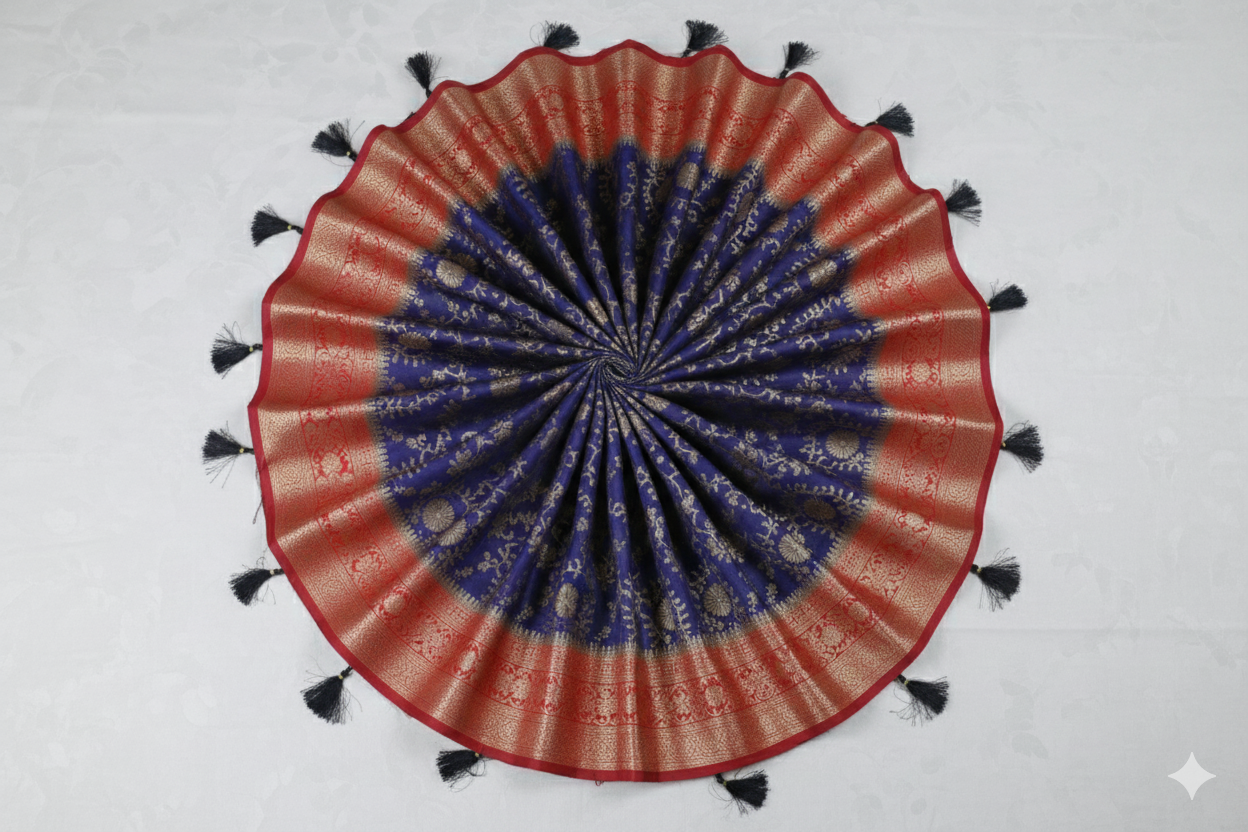 Royal Blue Banarasi Silk Saree with Red Contrast Border & All-Over Zari