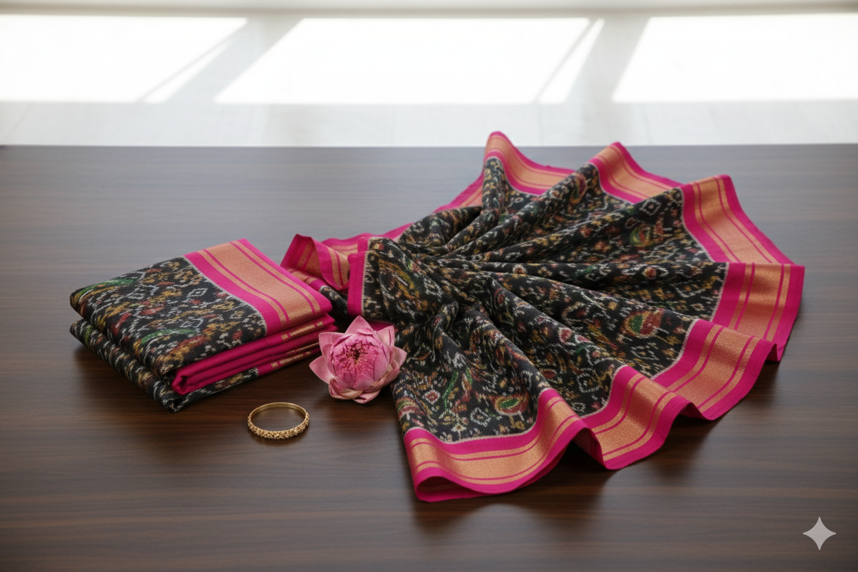 Black Ikat Silk Saree with Pink & Golden Border