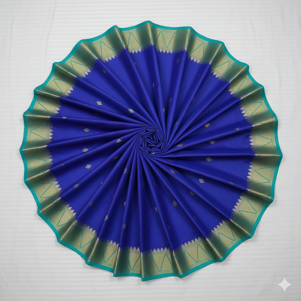 Stunning Royal Blue Silk Saree with Turquoise Contrast and Gold Zari
