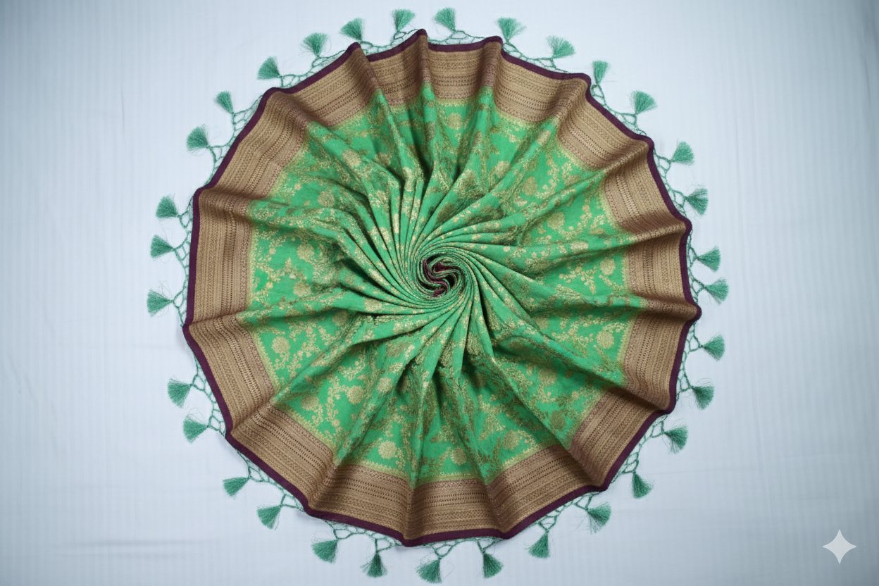 Opulent Parrot Green Silk Saree with All-Over Gold Floral Brocade
