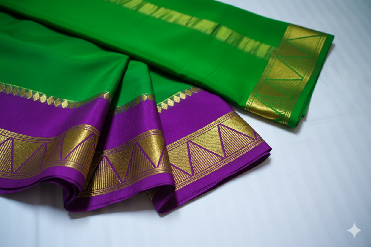 Vibrant Parrot Green Silk Saree with Temple Border and Purple Contrast