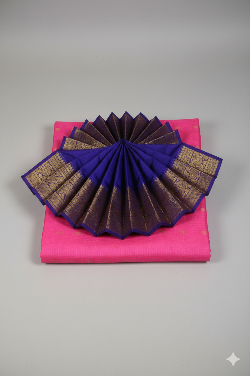 Classic Fuchsia Pink Silk Saree with Royal Violet Contrast and Heavy Gold Zari