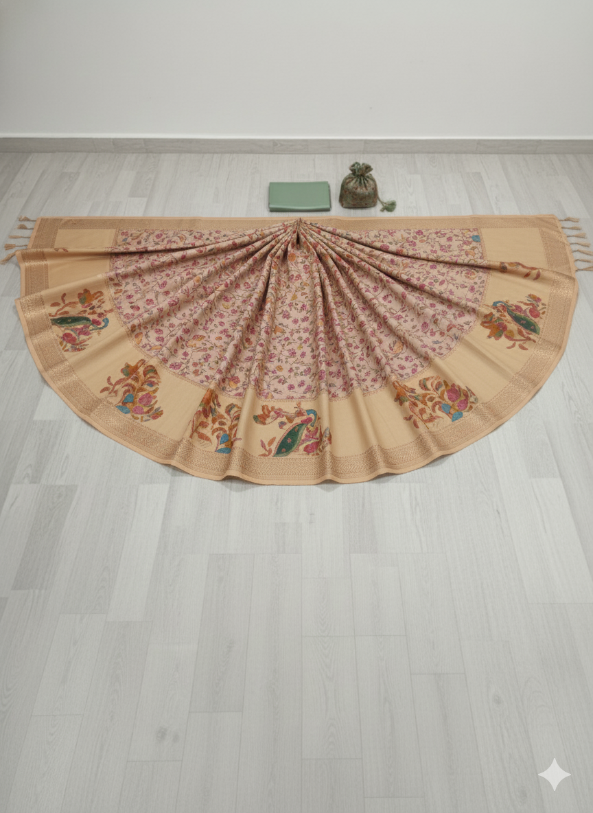 Exquisite Beige Kalamkari Silk Saree