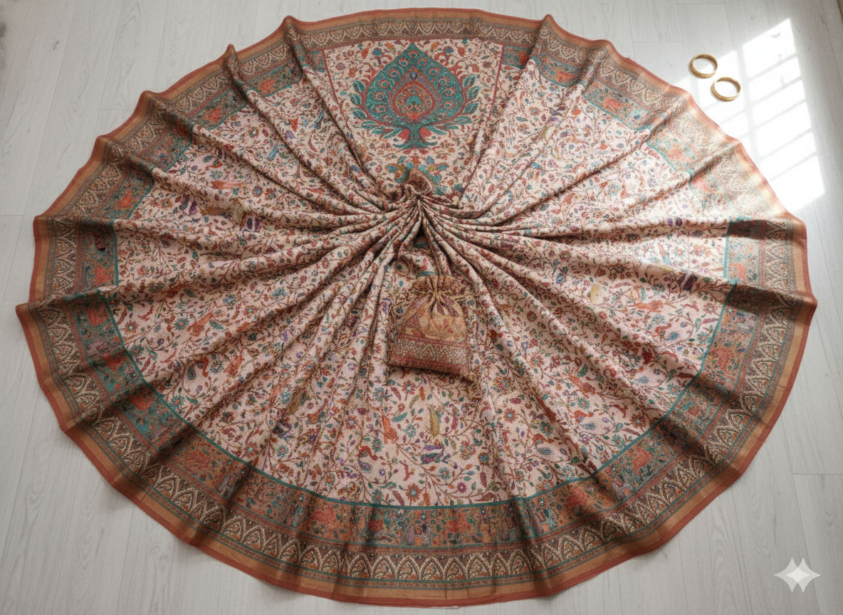 Dark Majestic Beige Kalamkari Silk Saree
