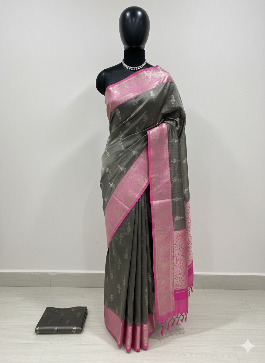 Charcoal Grey Kanjivaram Silk Saree with Vibrant Rani Pink Contrast