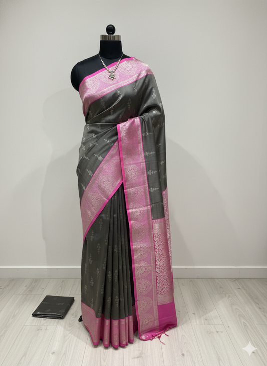 Charcoal Grey Kanjivaram Silk Saree with Vibrant Rani Pink Contrast