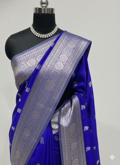 Vibrant Royal Blue Silk Saree with Elegant Antique Silver Zari Work