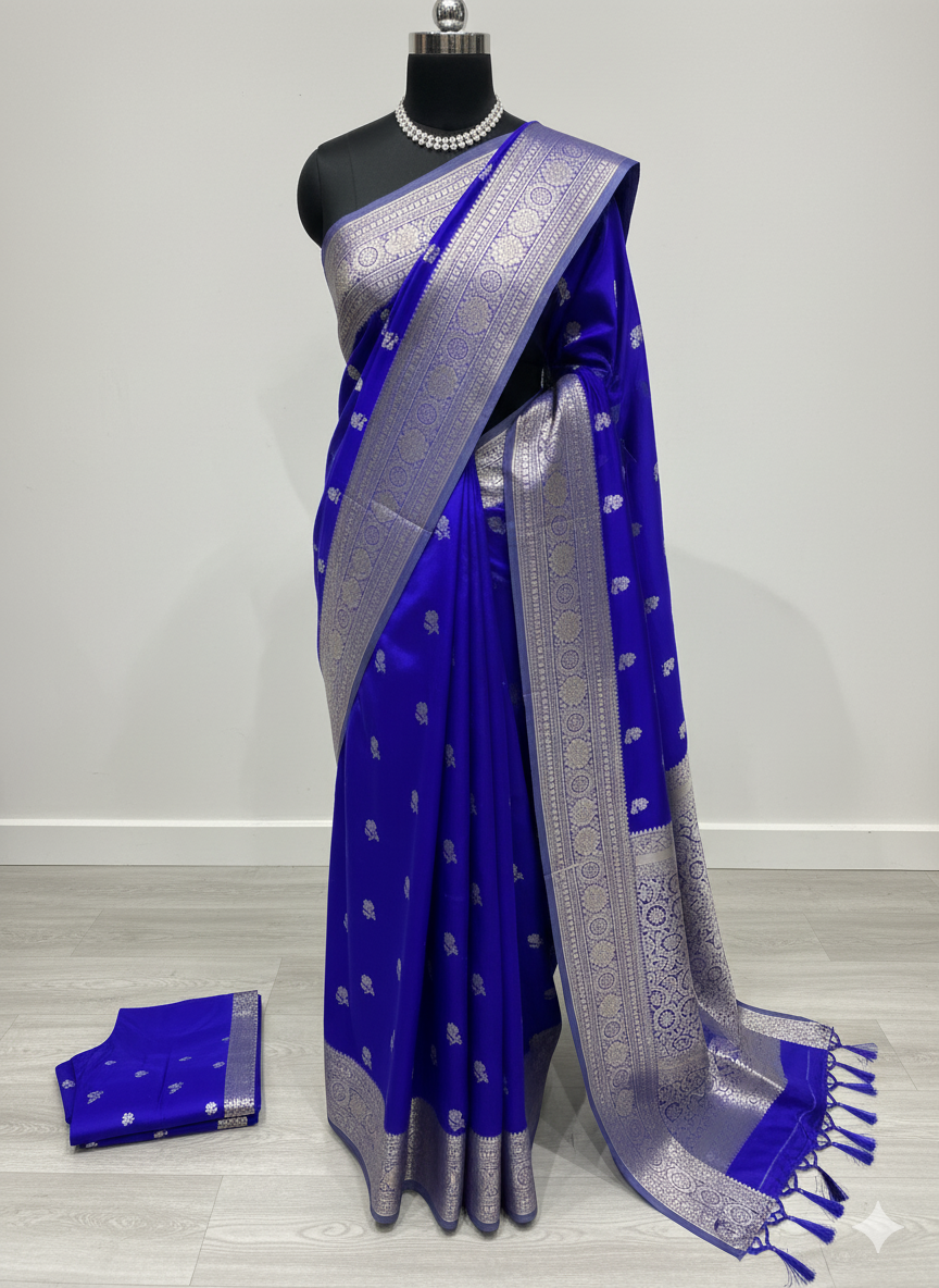 Vibrant Royal Blue Silk Saree with Elegant Antique Silver Zari Work