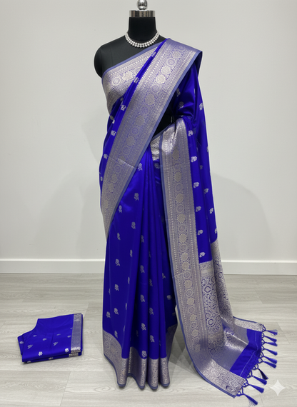 Vibrant Royal Blue Silk Saree with Elegant Antique Silver Zari Work