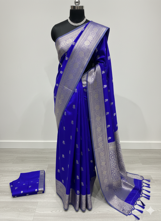 Vibrant Royal Blue Silk Saree with Elegant Antique Silver Zari Work