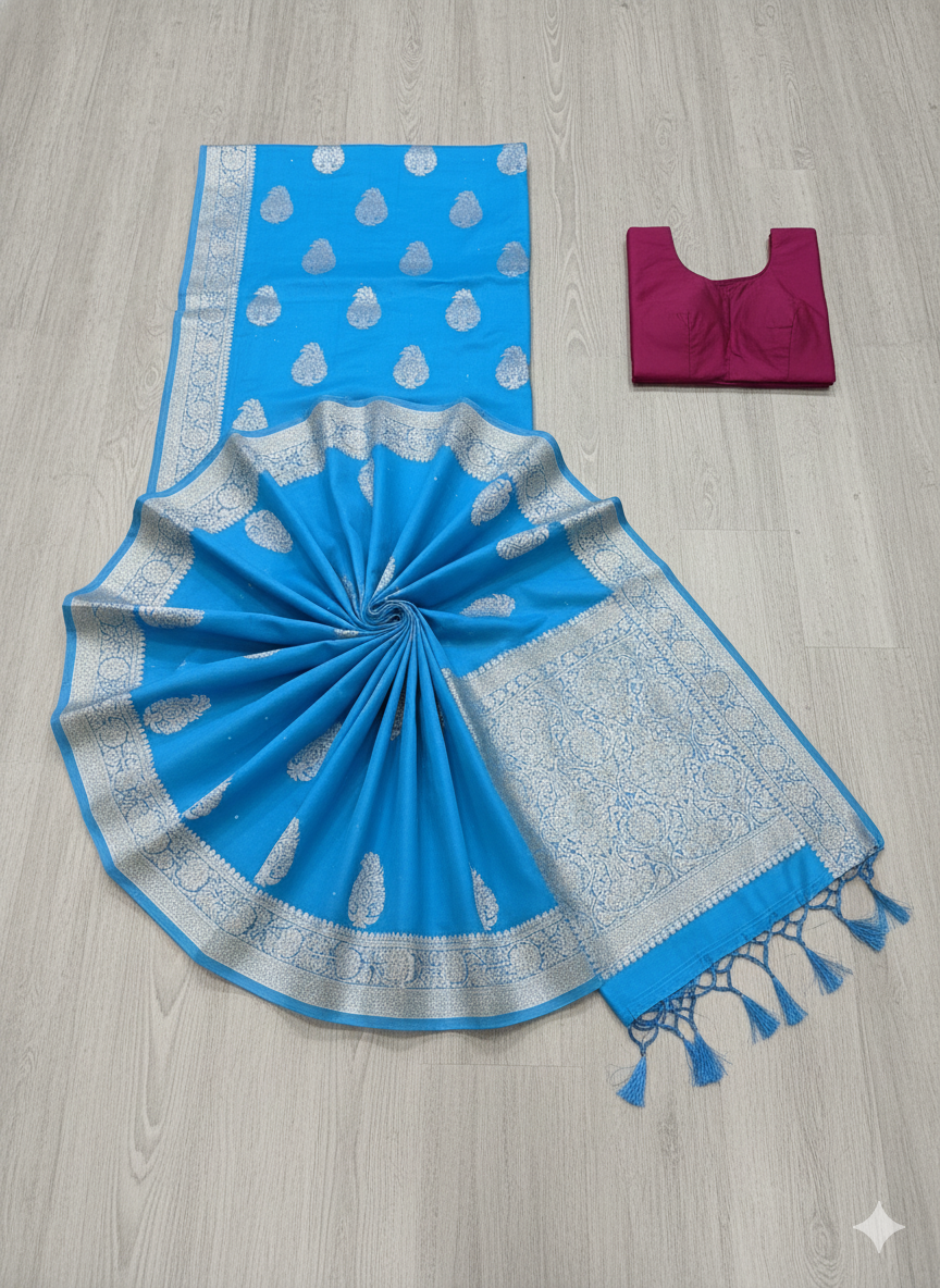 Captivating Sky Blue Silk Saree with Silver Zari and Magenta Blouse