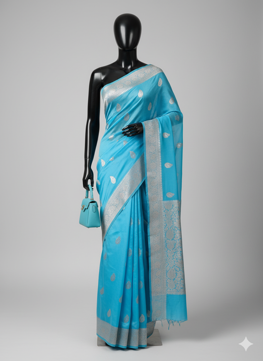Captivating Sky Blue Silk Saree with Silver Zari and Magenta Blouse