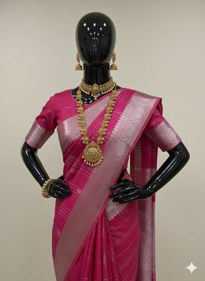 Vibrant Dark Pink Silk Saree with Checkered Pattern and Yellow/Gold Contrast