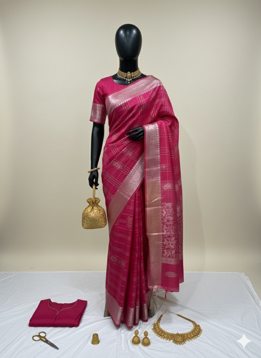 Vibrant Dark Pink Silk Saree with Checkered Pattern and Yellow/Gold Contrast
