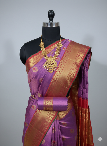 Majestic Lavender-Purple Saree with Contrast Red Pallu and Grand Gold Zari