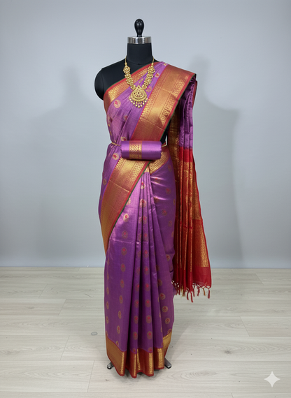 Majestic Lavender-Purple Saree with Contrast Red Pallu and Grand Gold Zari