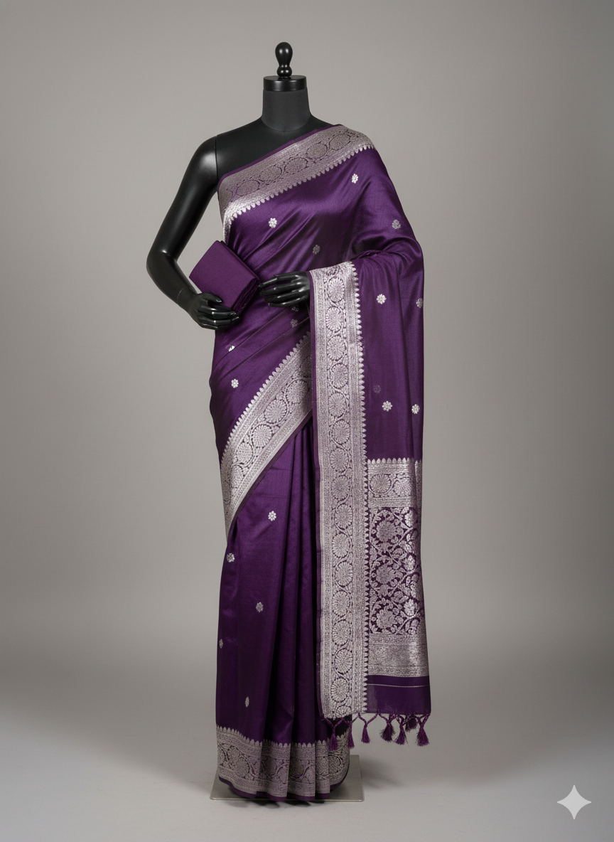 Deep Purple Saree with Silver Zari