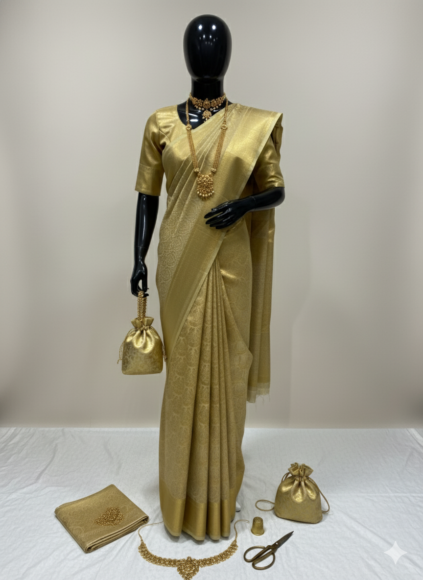 Magnificent Monochromatic Gold Silk Saree with All-Over Self Zari Weave