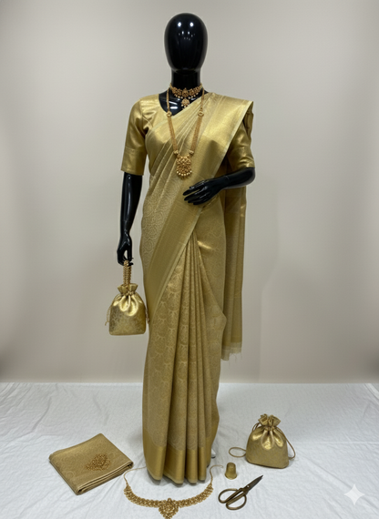 Magnificent Monochromatic Gold Silk Saree with All-Over Self Zari Weave