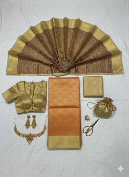 Auspicious Golden Orange Silk Saree with Rich Contrast Border and Antique Gold Zari
