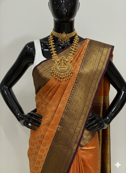 Auspicious Golden Orange Silk Saree with Rich Contrast Border and Antique Gold Zari