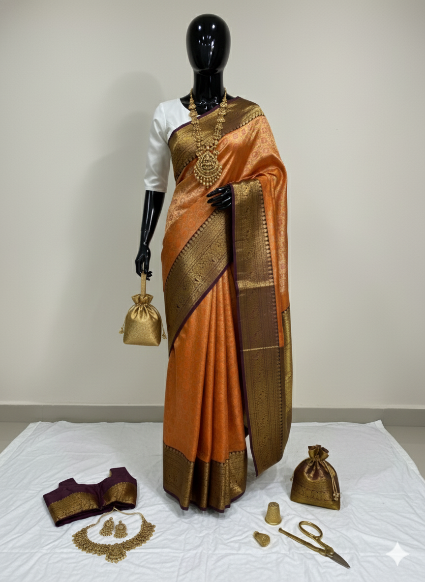 Auspicious Golden Orange Silk Saree with Rich Contrast Border and Antique Gold Zari