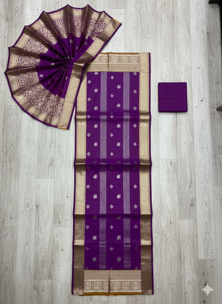 Opulent Deep Violet Silk Saree with Silver Motifs and Grand Gold Zari Border