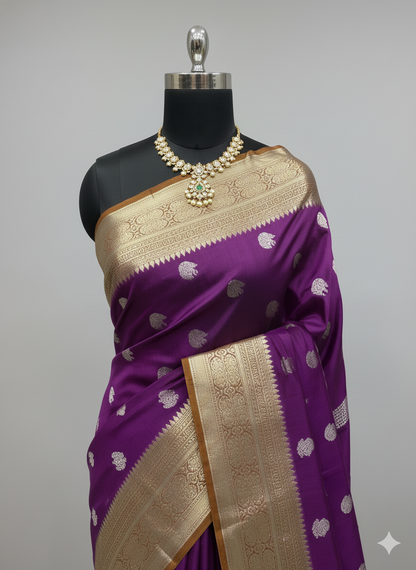 Opulent Deep Violet Silk Saree with Silver Motifs and Grand Gold Zari Border