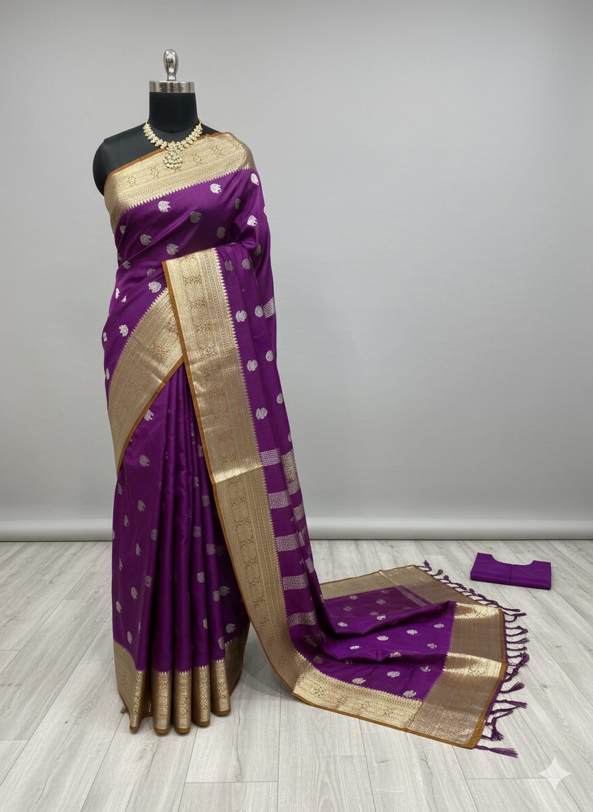 Opulent Deep Violet Silk Saree with Silver Motifs and Grand Gold Zari Border