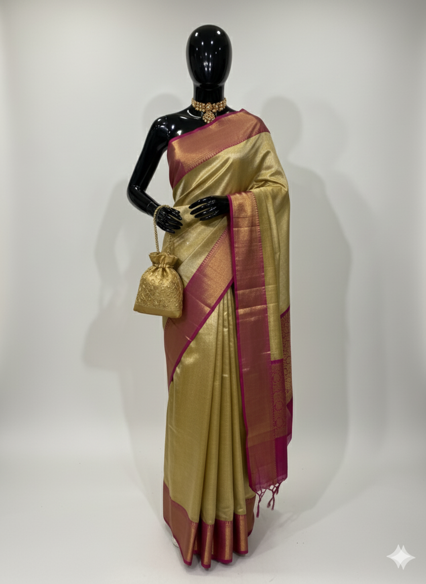 Radiant Golden Yellow Silk Saree with Magenta Contrast and Gold Zari
